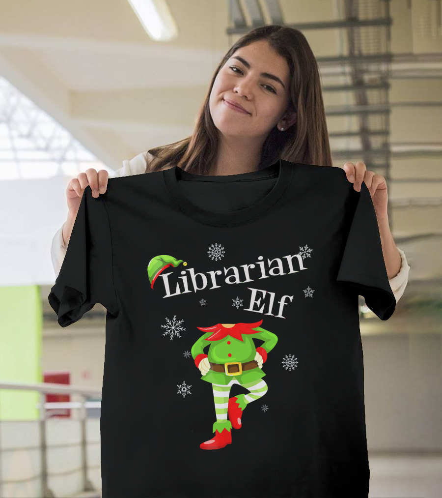 Librarian Elf In Green Outfit With Snowflakes And Red Hat T-Shirt