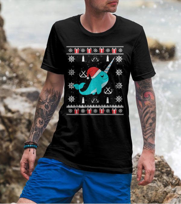 Narwhals Christmas Style With Santa Hat Anchors And Snowflakes T-Shirt