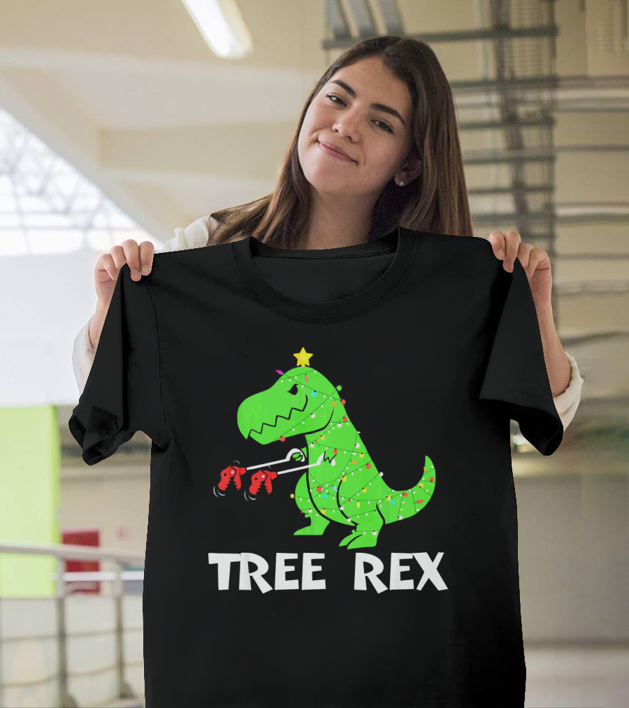 Tree Rex Funny Christmas Dinos Wrapped In Lights T-Shirt