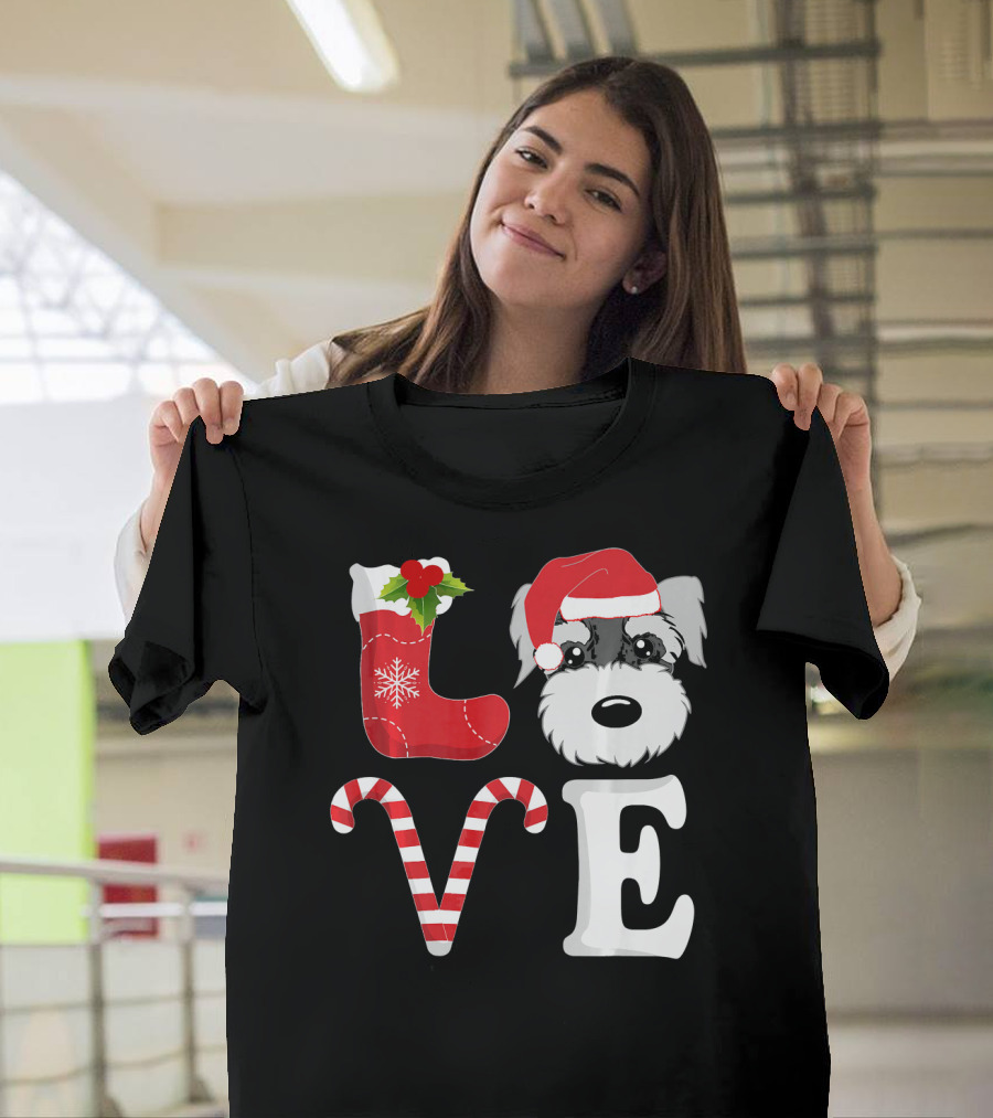 LOVE Miniature Schnauzer Santa Christmas Candy Cane T-Shirt