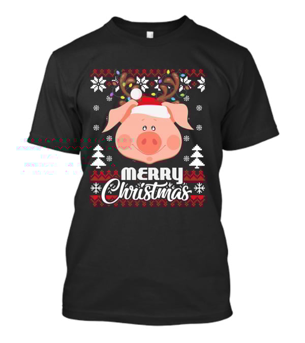 Merry Christmas Pig Santa Hat Antler Ugly T-Shirt