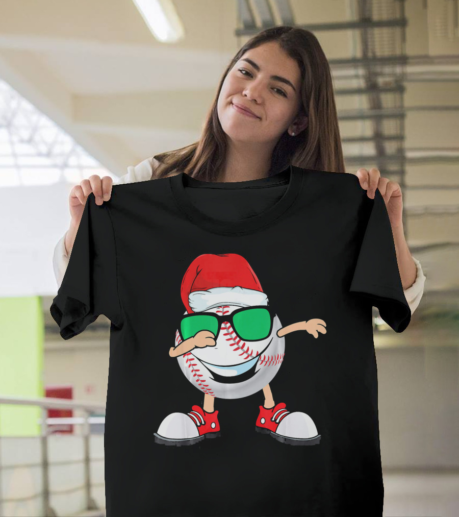 Dabbing Baseball with Santa Hat and Sunglasses T-Shirt