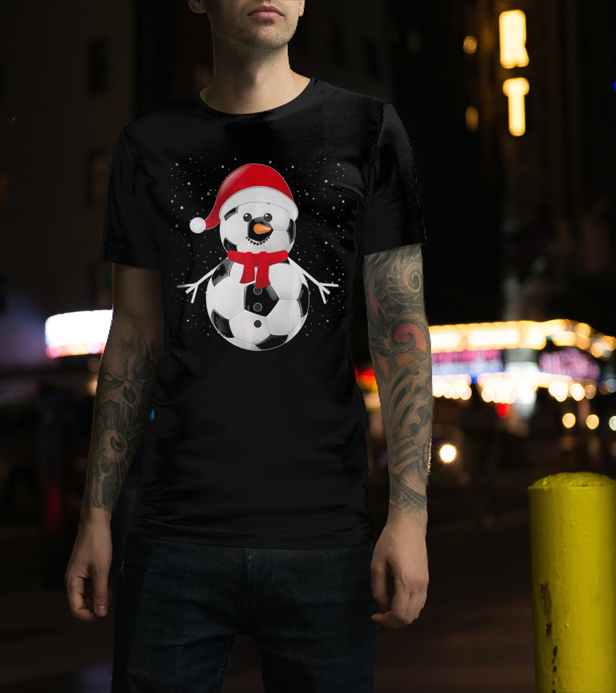 Soccer Football Snowman Santa Hat Scarf Holiday Winter Snowflakes T-Shirt