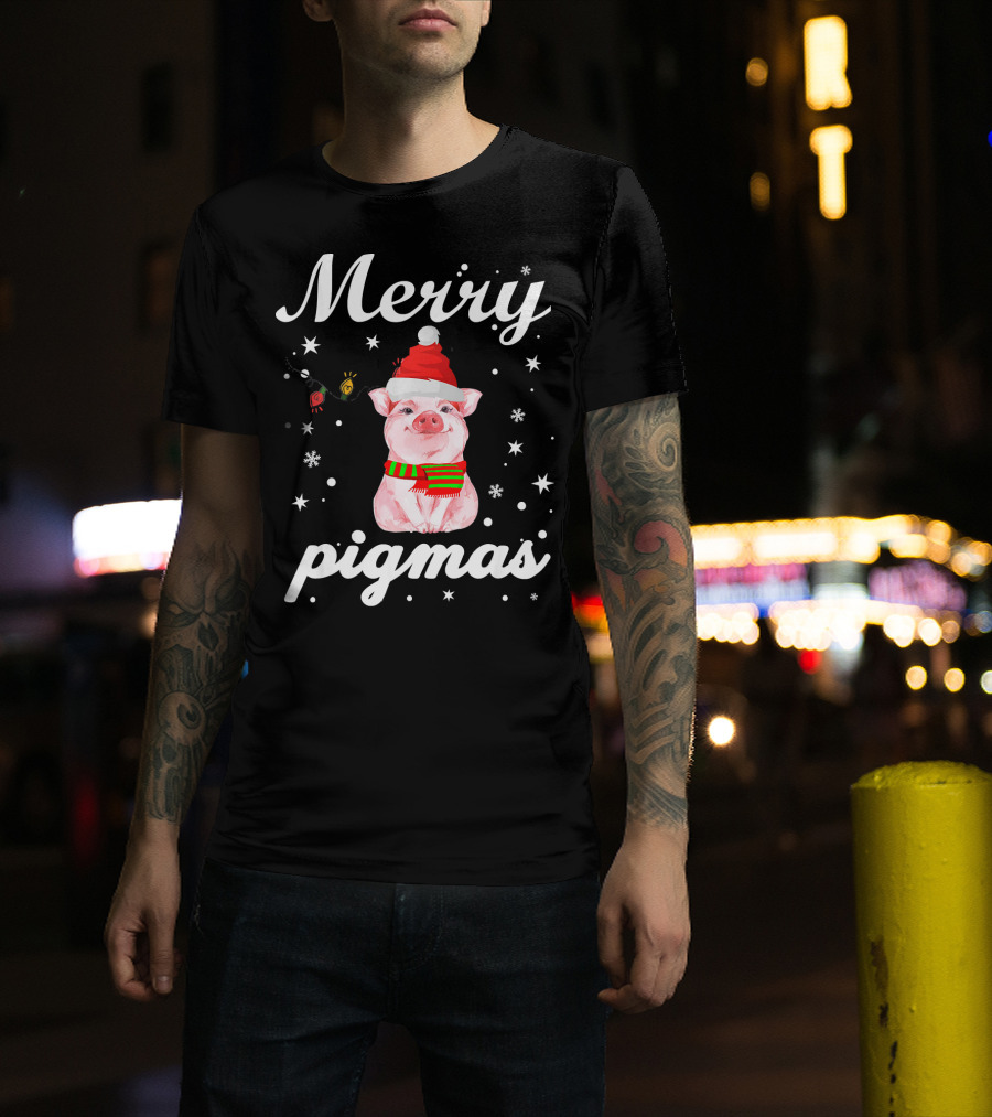 Merry Pigmas Santa Pig With Christmas Lights And Snowflakes T-Shirt