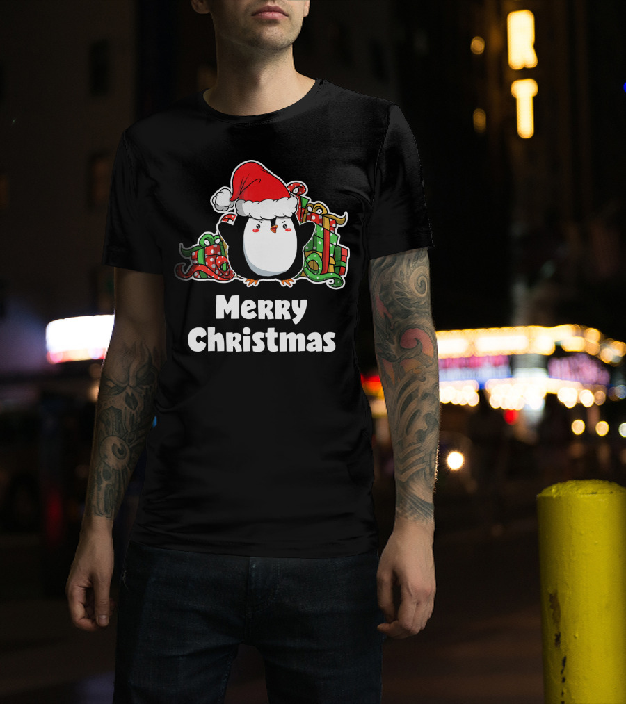Merry Christmas Penguin Santa Hat Gift Wrapping T-Shirt