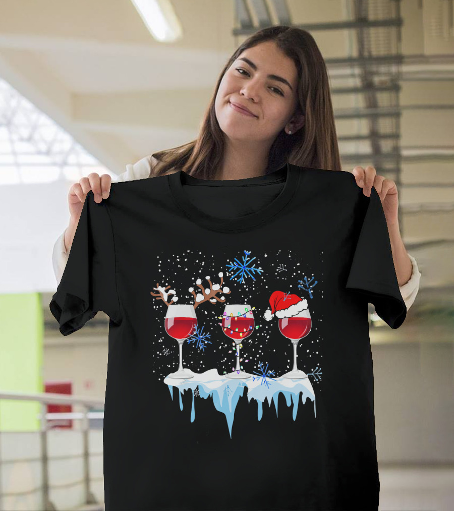 Christmas Reindeer Wine Glasses Santa Hat Snowflakes Holiday T-Shirt