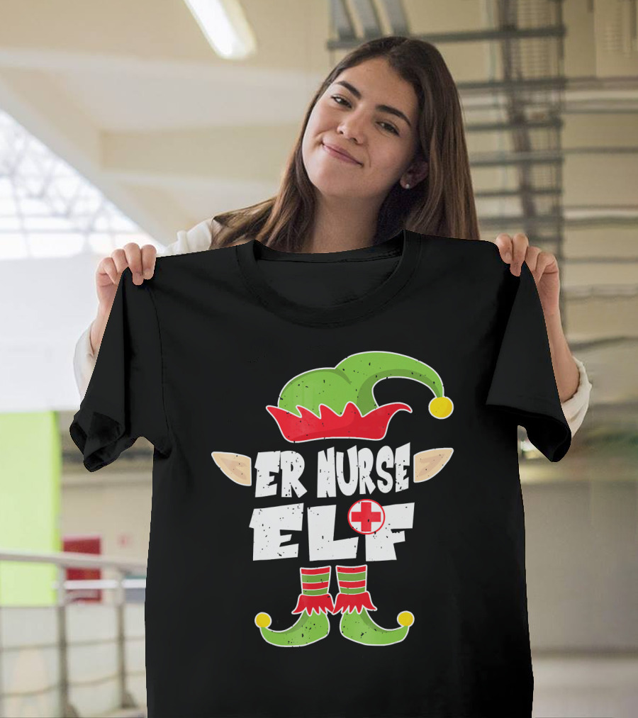 ER Nurse Elf Emergency Squad Christmas Hat And Shoes T-Shirt