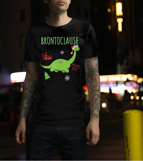 Brontoclause Christmas Dinosaur With Santa Hat And Holiday Gifts T-Shirt
