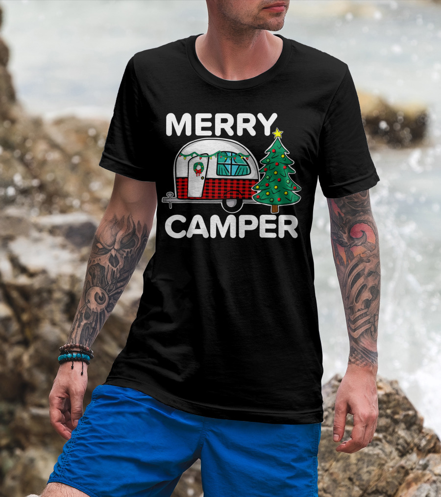 Merry Camper Vintage Camper Christmas Tree Retro Holiday Decor T-Shirt
