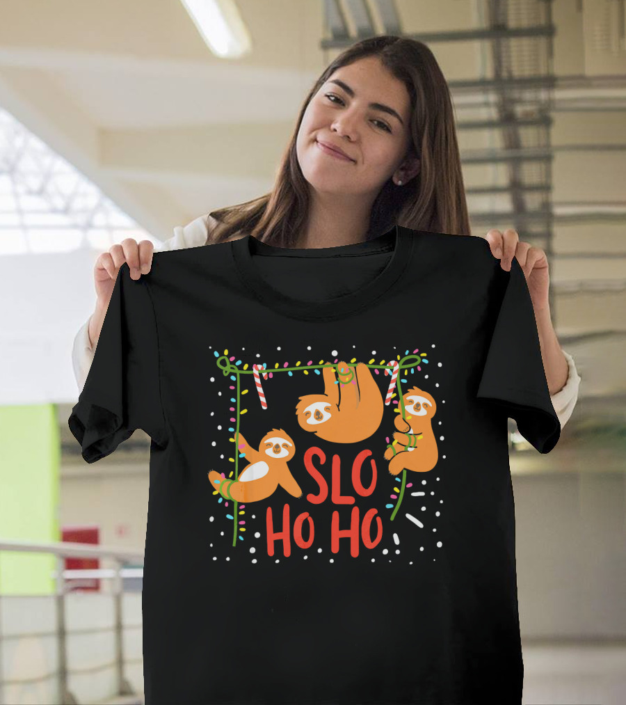 Slo Ho Ho Ho Christmas Sloth Hanging With Candy Cane And Lights T-Shirt