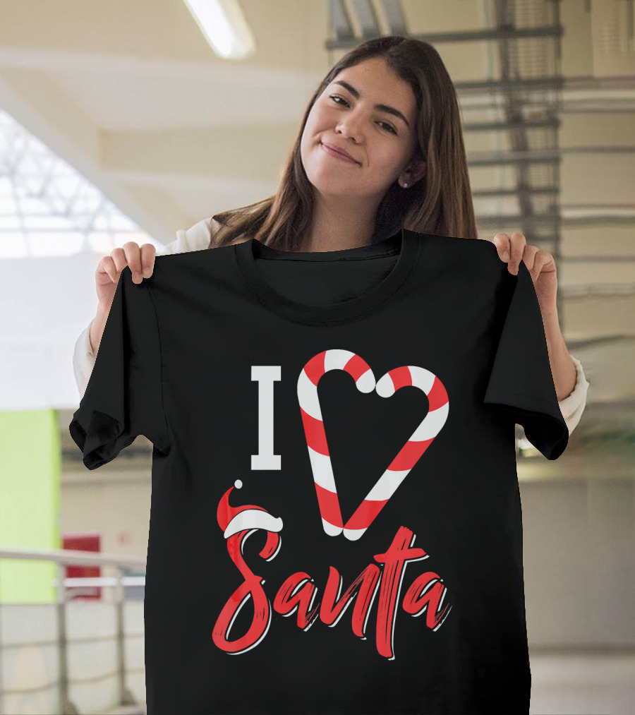 Christmas I Love Santa Candy Cane Heart With Santa Hat T-Shirt
