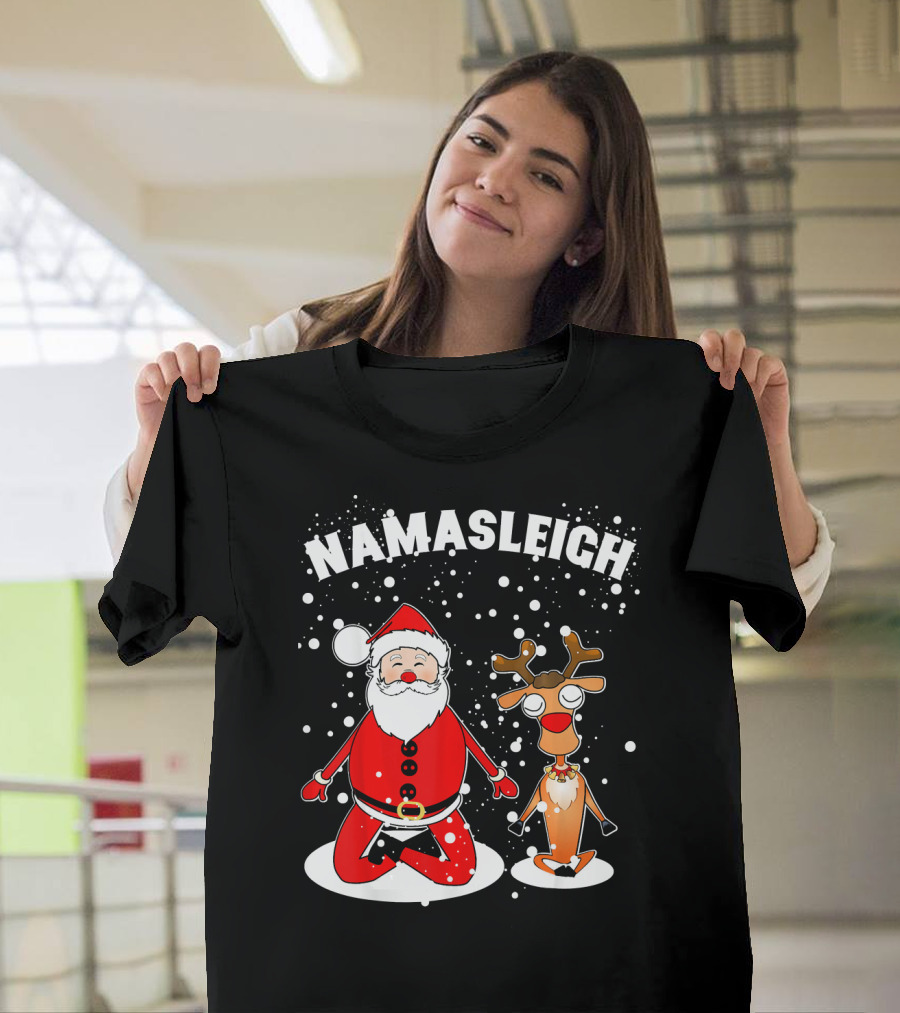 NamaSleigh Funny Christmas Yoga Santa and Reindeer Meditation T-Shirt