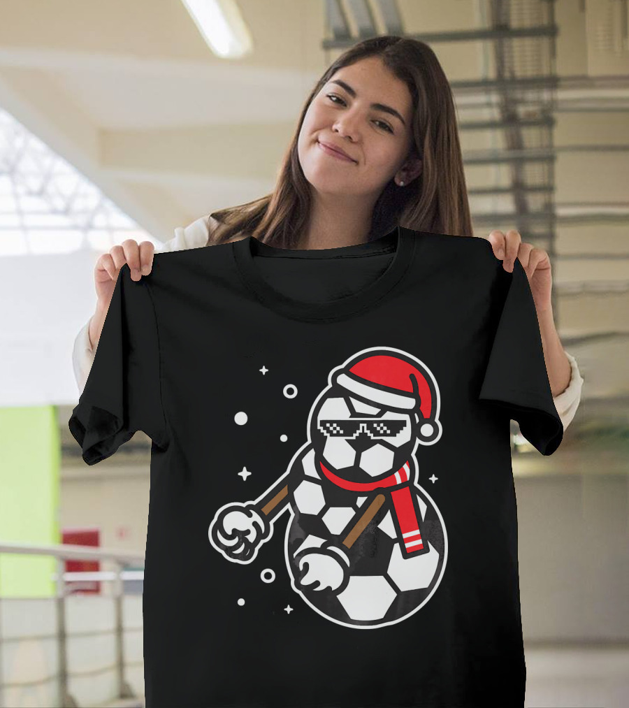 Soccer Player Snowman Funny Boy Girl Christmas Cool Santa Hat Pixel Glasses T-Shirt