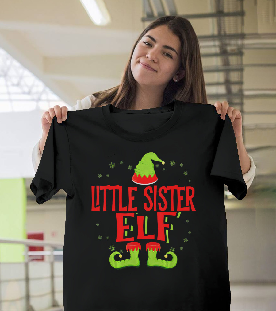 Little Sister Elf Christmas Hat and Shoes T-Shirt