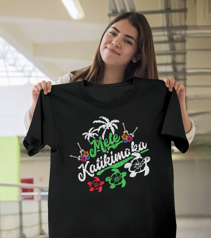 Mele Kalikimaka Hawaiian Turtles Palm Trees Flowers T-Shirt