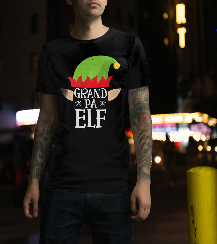 Grandpa Elf Funny Christmas Family Match Holiday Hat And Ears T-Shirt