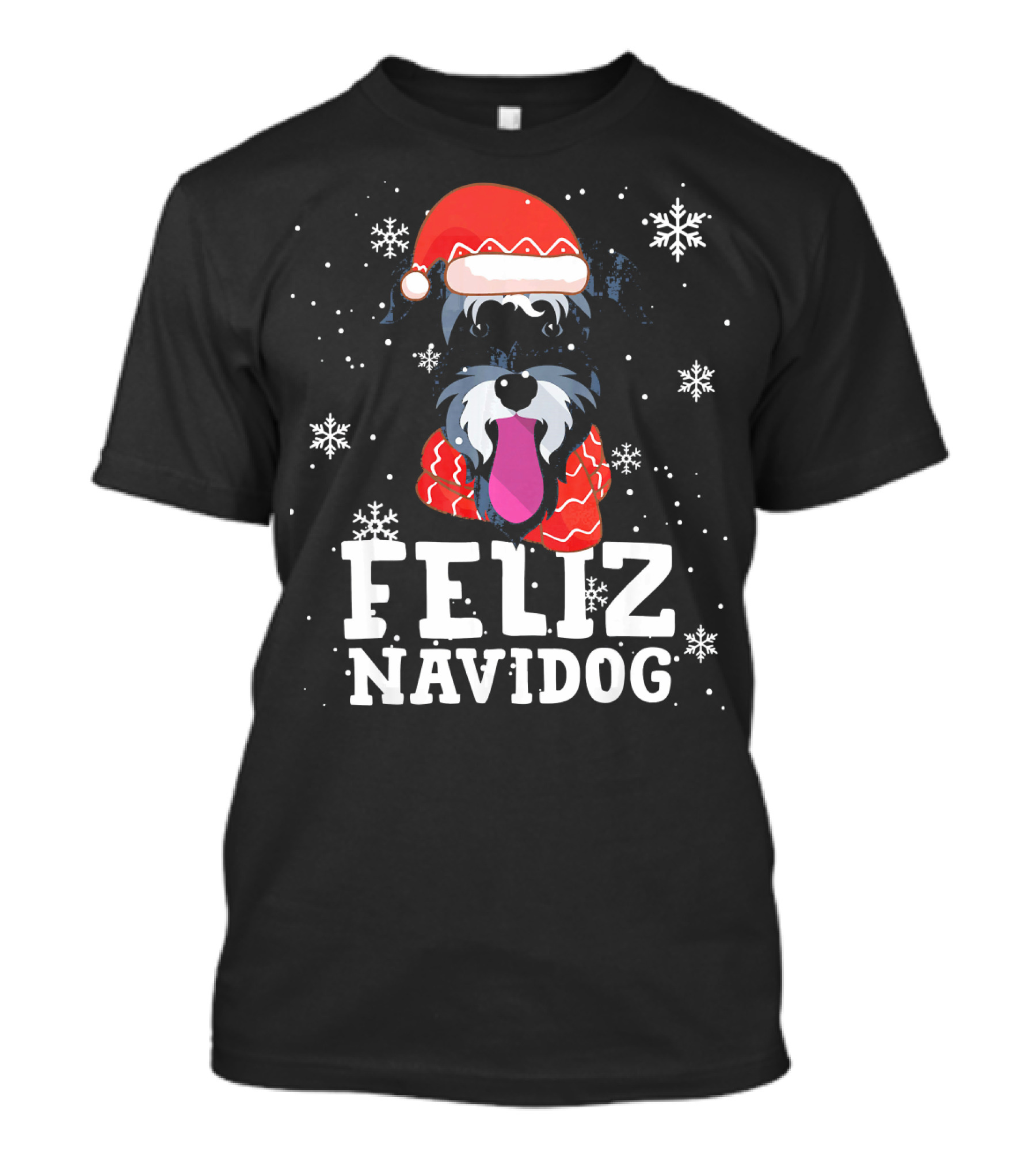 Feliz Navidog Miniature Schnauzer Dog Santa Hat Snowflakes T-Shirt