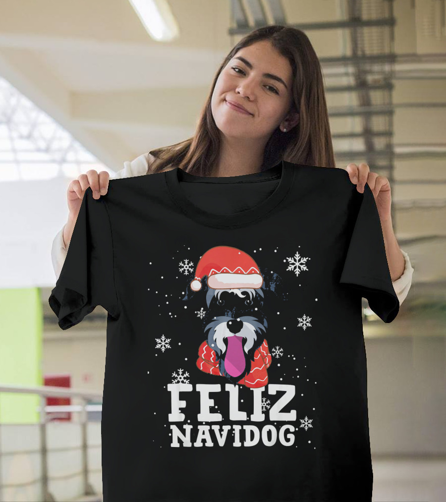 Feliz Navidog Miniature Schnauzer Dog Santa Hat Snowflakes T-Shirt