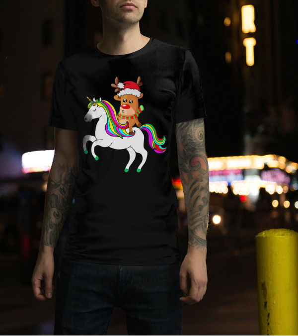 Reindeer In Santa Hat Riding Colorful-Maned Unicorn T-Shirt