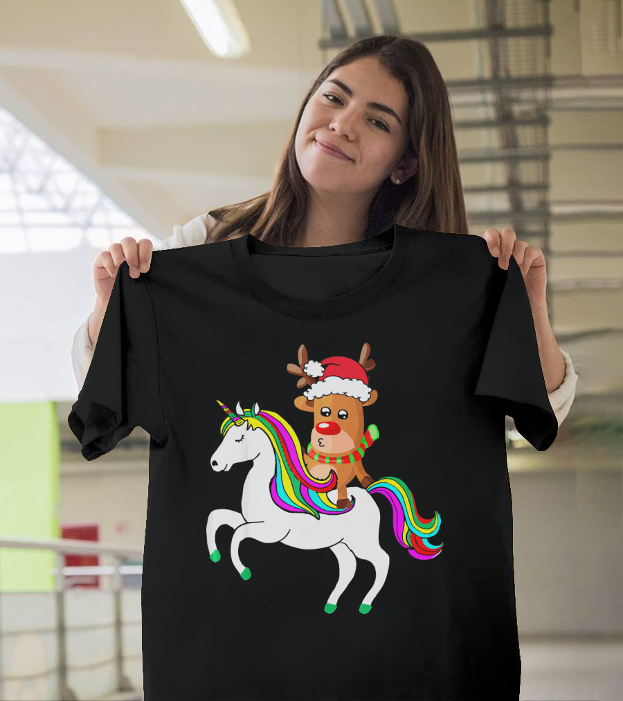 Reindeer in Santa Hat Riding Colorful-Maned Unicorn T-Shirt