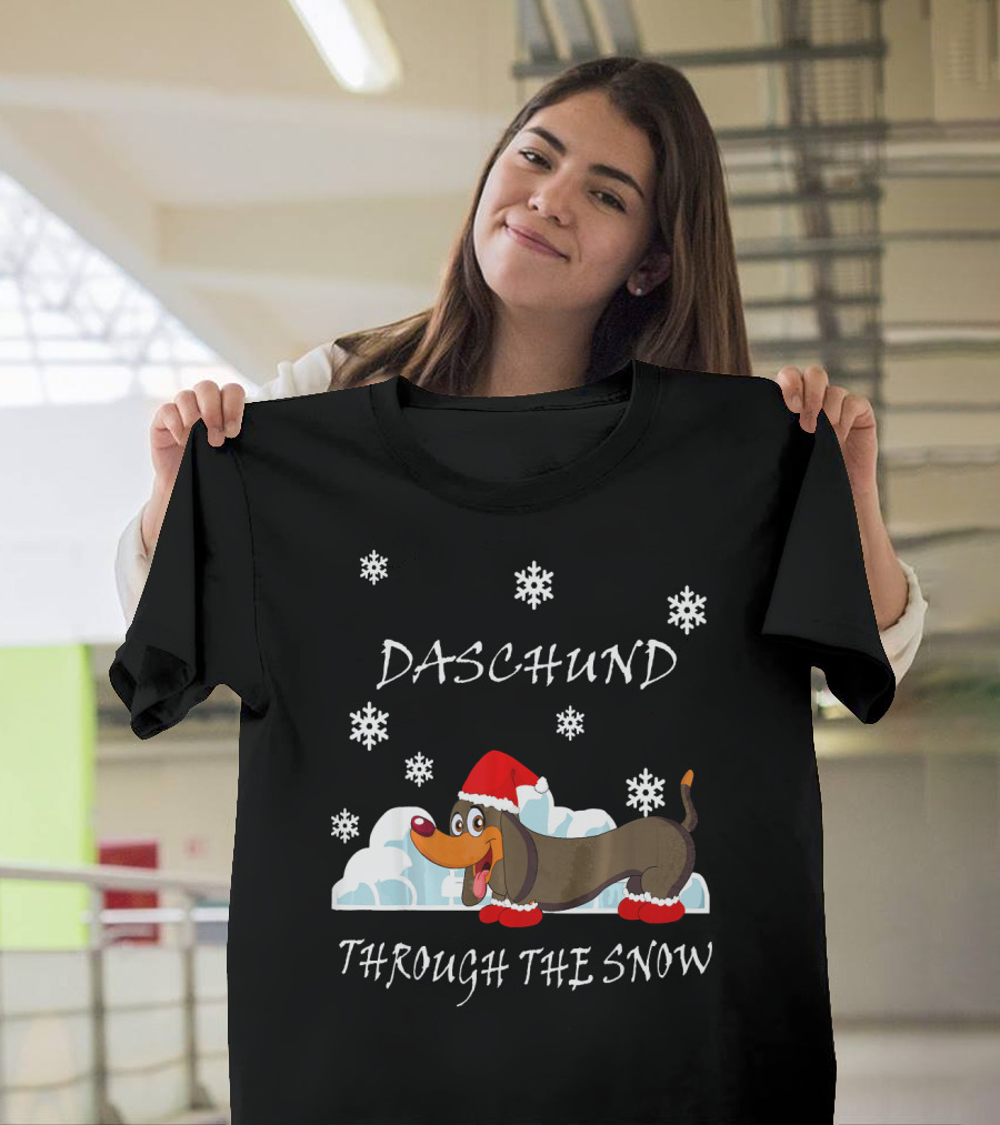 Daschund Through The Snow Santa Hat Snowflakes T-Shirt
