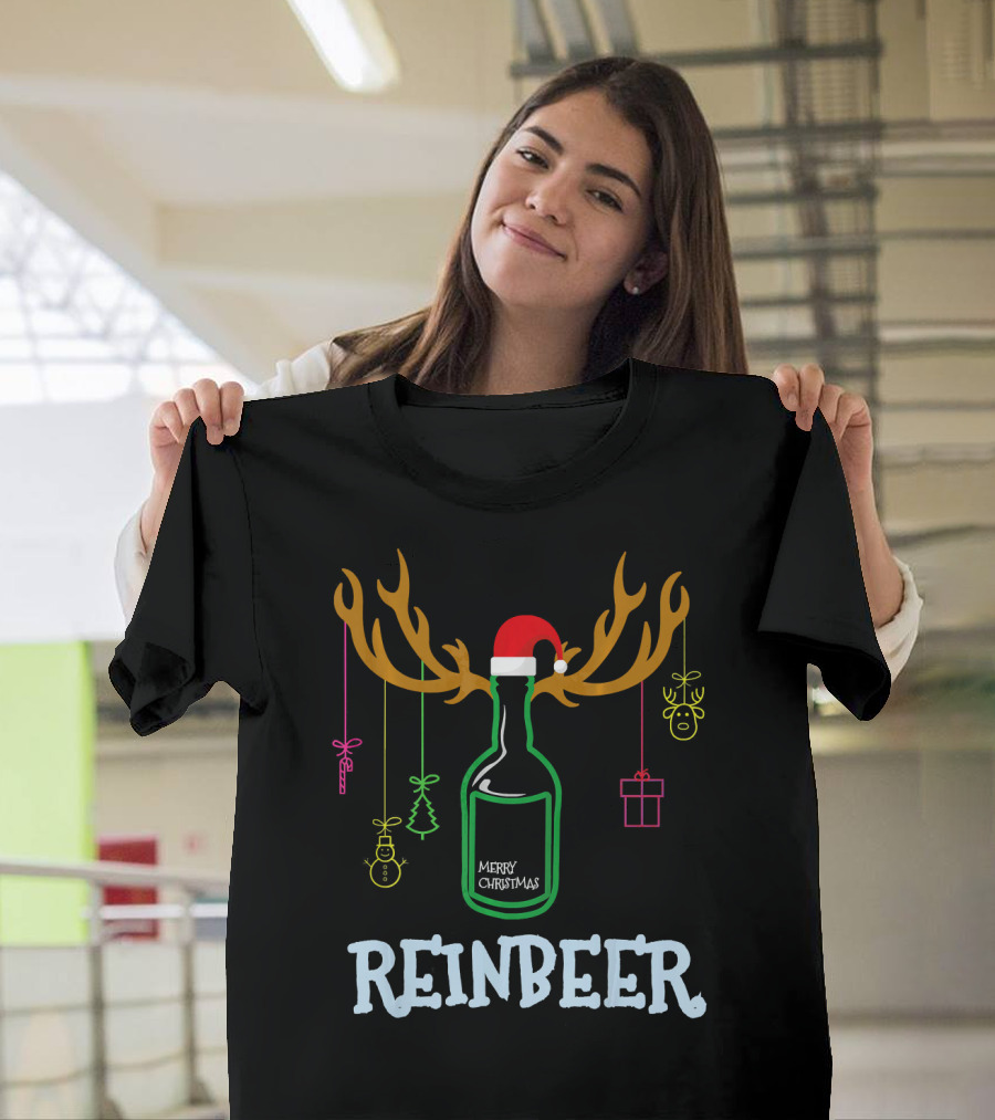 Reinbeer Merry Christmas Antler Bottle With Santa Hat And Hanging Decorations T-Shirt