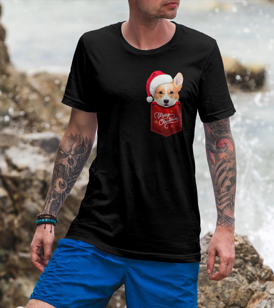Merry Christmas Welsh Corgi In Santa Hat Pocket T-Shirt