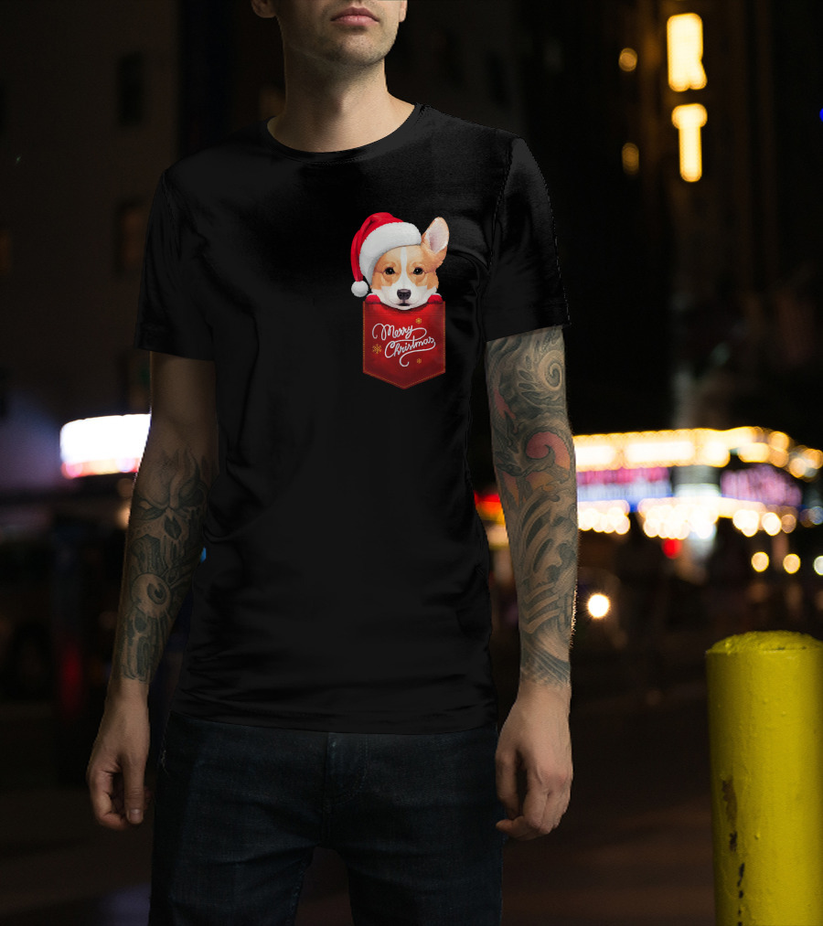 Merry Christmas Welsh Corgi In Santa Hat Pocket T-Shirt