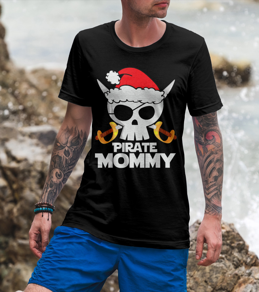 Funny Santa Claus Pirate Mommy Skull With Santa Hat And Swords T-Shirt