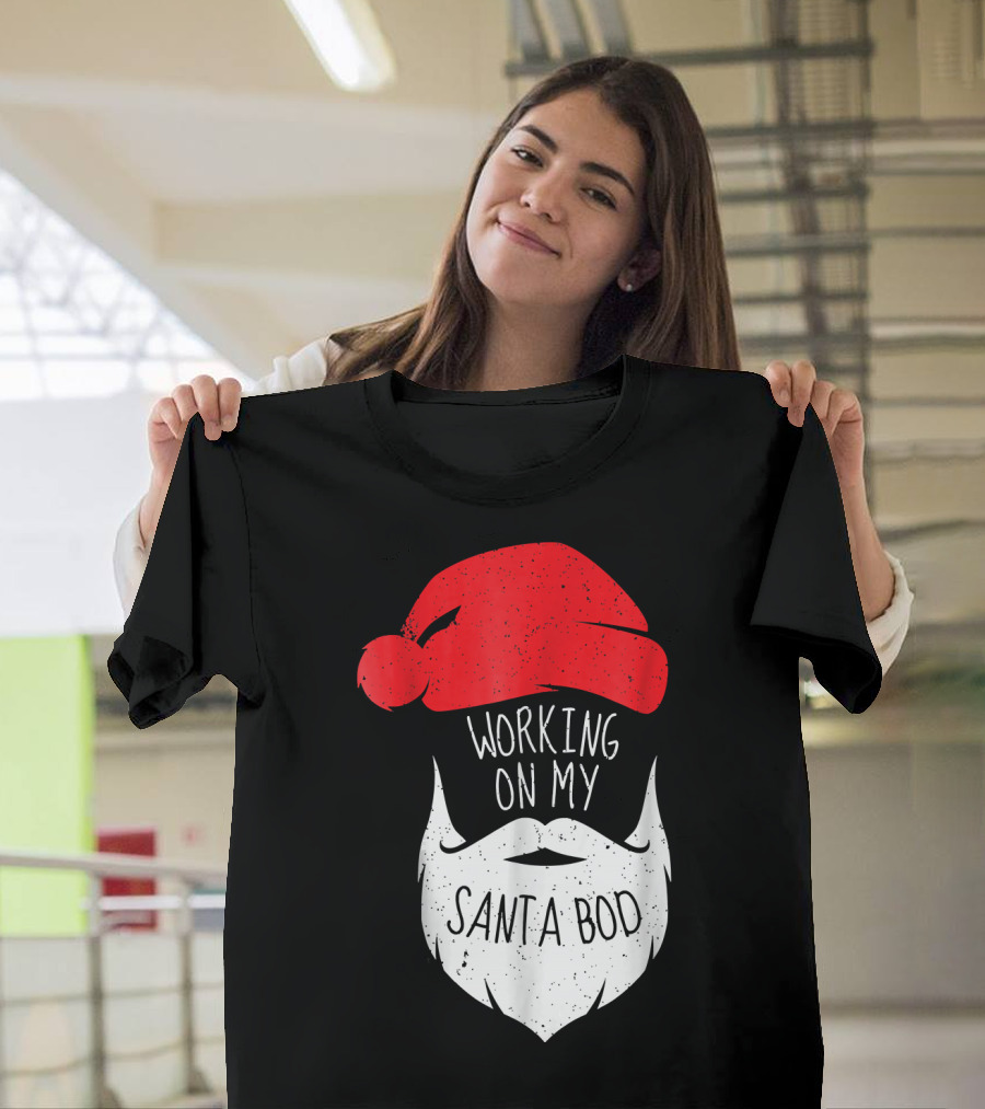 Mens Working On My Santa Bod Beard Santa Hat T-Shirt