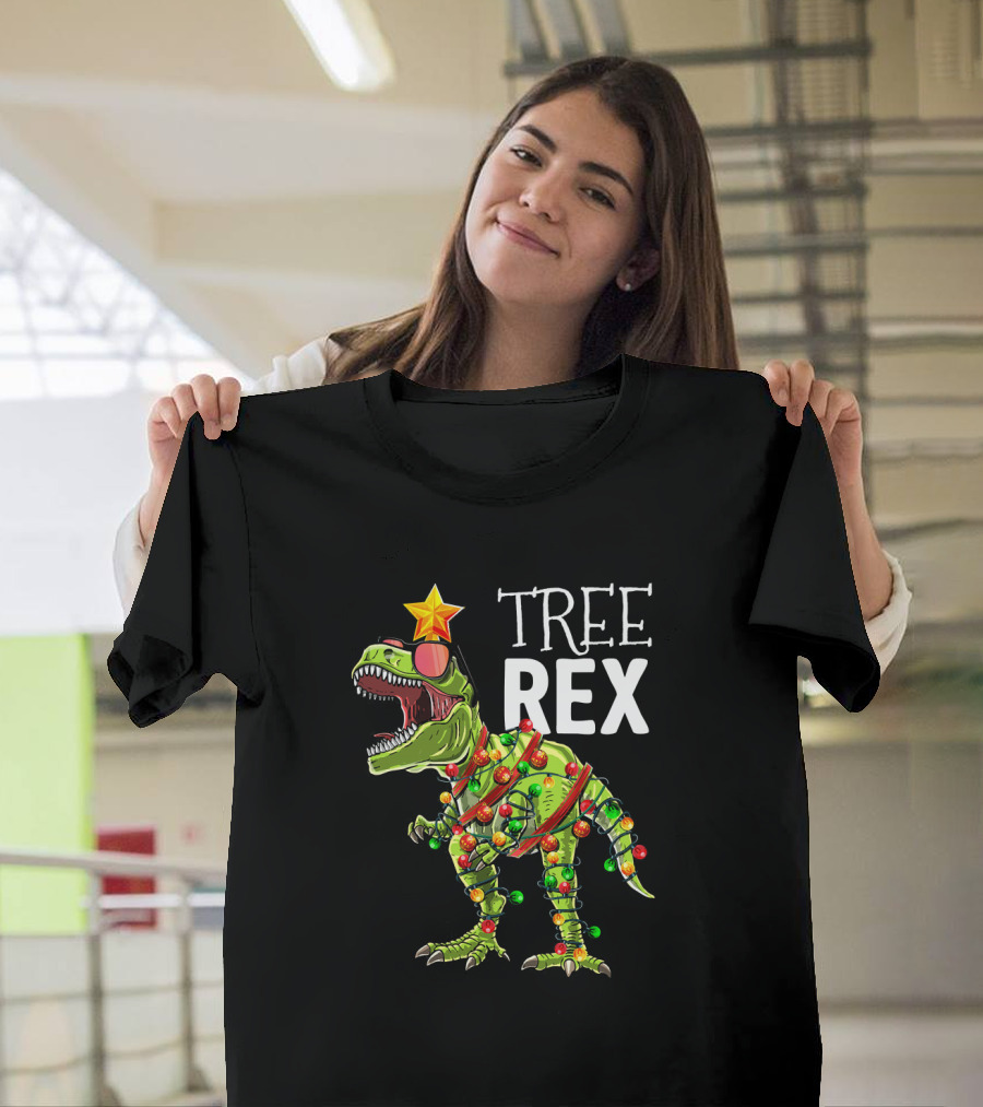 Tree Rex Dinosaur With Christmas Lights And Star T-Shirt