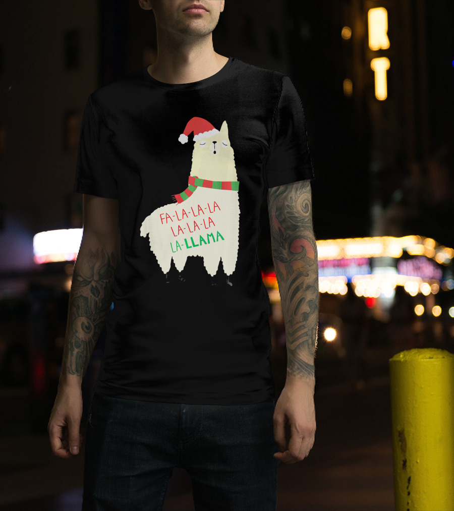Fa La La La Llama Holiday Llama In Santa Hat And Scarf T-Shirt