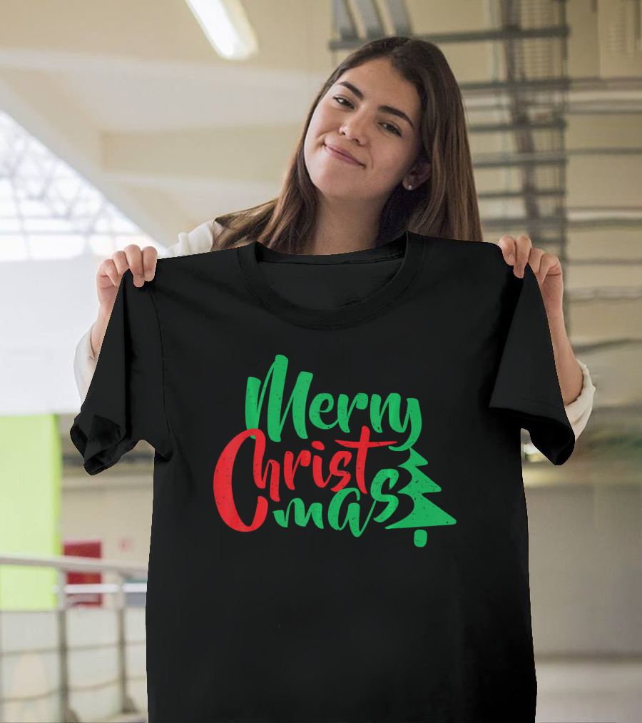 Merry Christmas Tree Design In Festive Red And Green T-Shirt