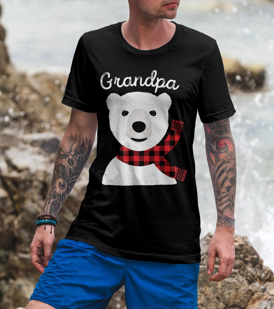 Grandpa Christmas Bear With Red Plaid Scarf Family Matching T-Shirt