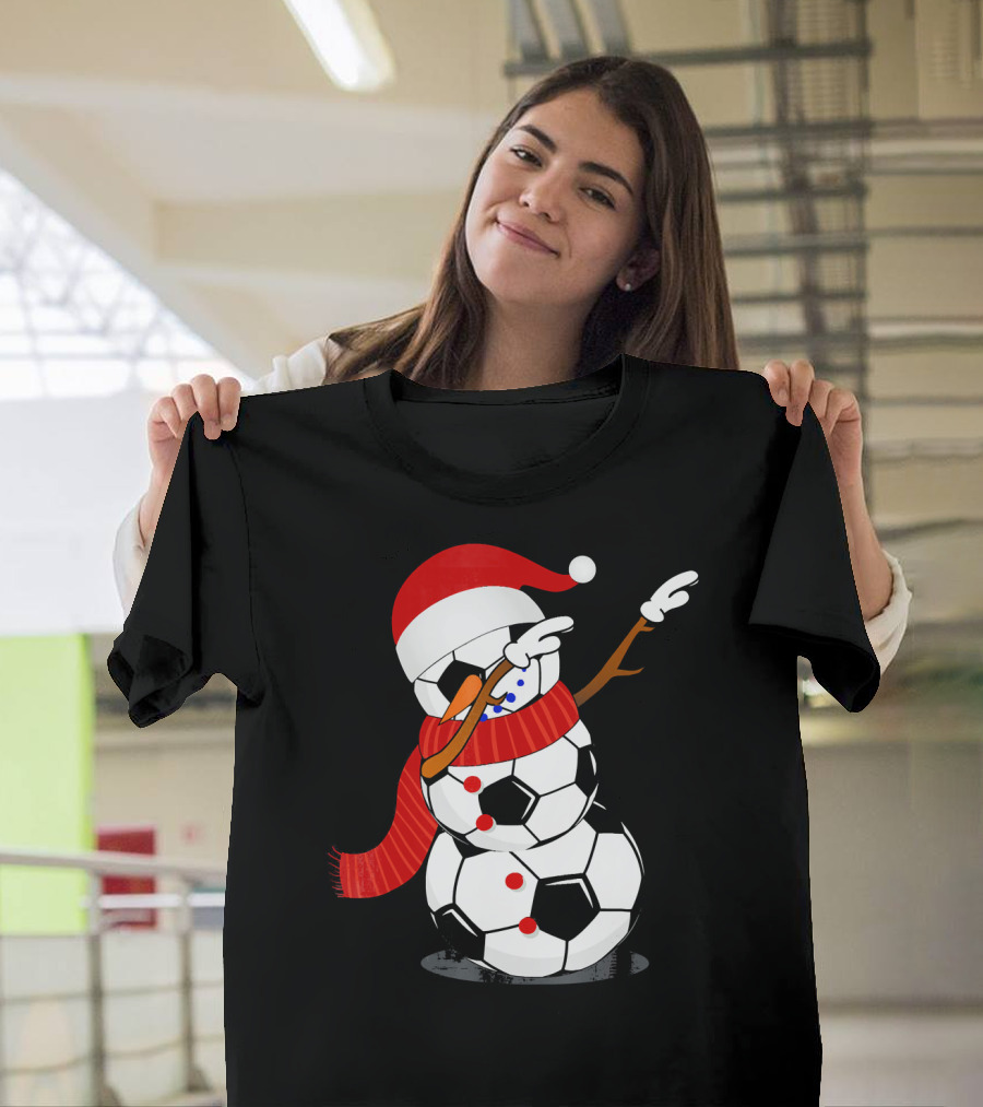 Festive Soccer Ball Dabbing Snowman With Santa Hat And Scarf T-Shirt