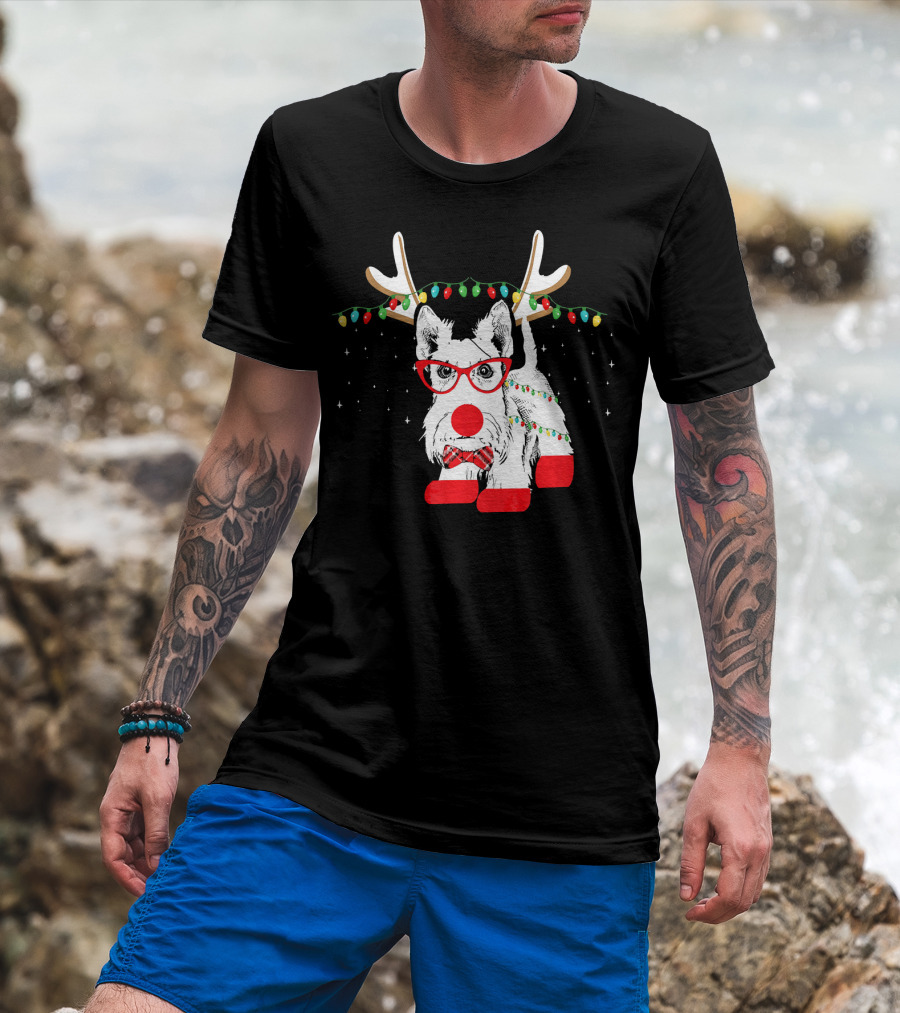 Scottie Dog Christmas Reindeer Lights And Bow Tie T-Shirt