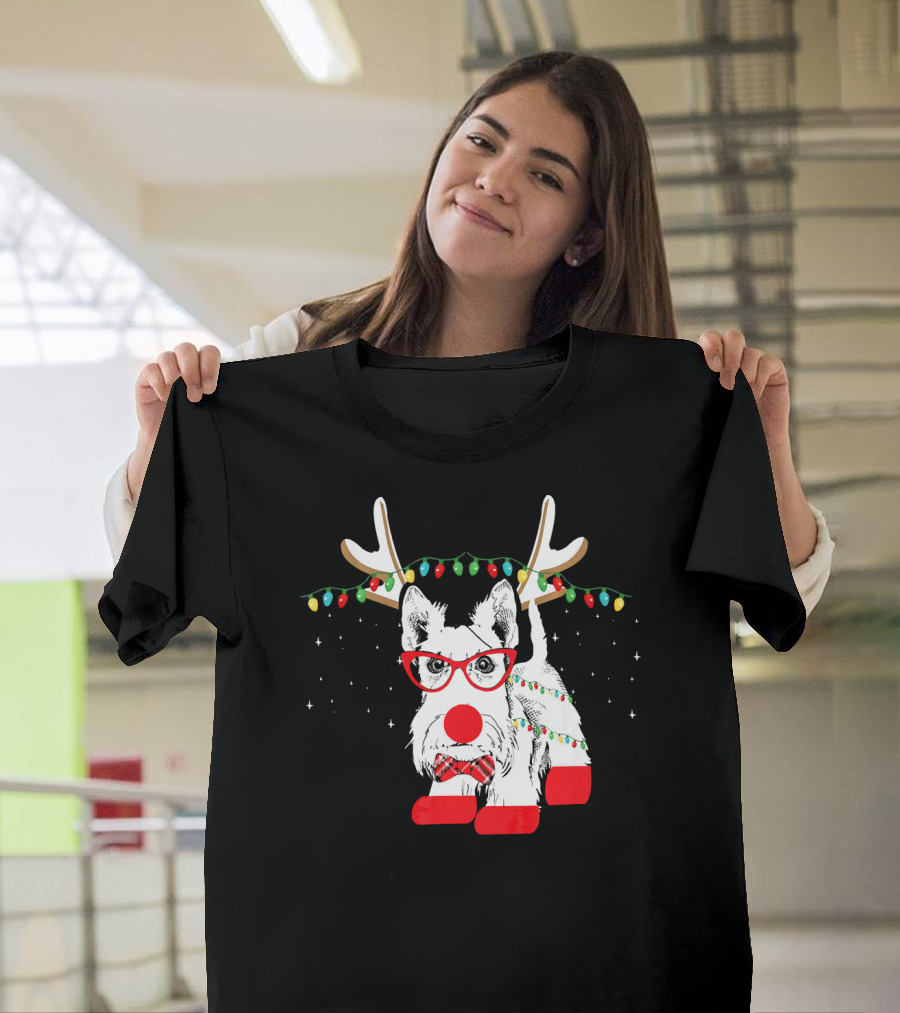 Scottie Dog Christmas Reindeer Lights and Bow Tie T-Shirt