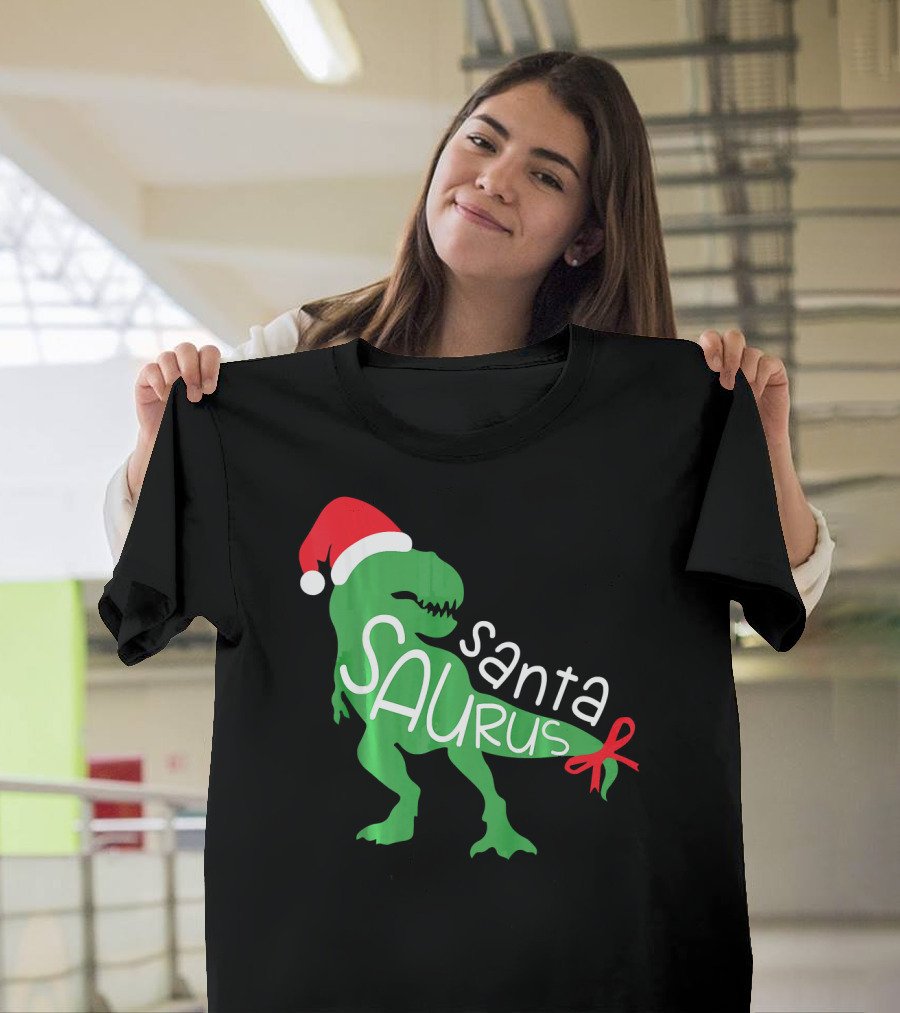 T Rex Dinosaur Santa Saurus Merry Funny Christmas Hat T-Shirt
