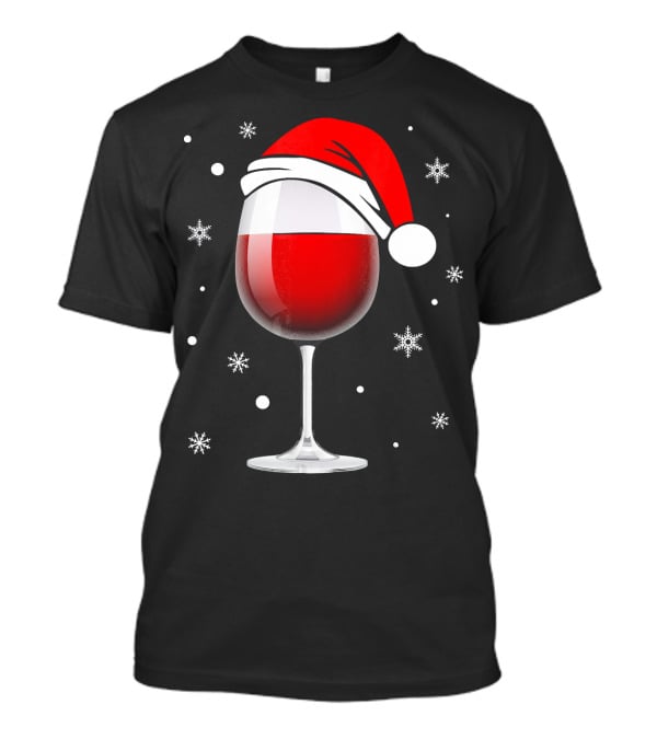 Santa Hat Wine Glass Funny Christmas Holid Snowflakes T-Shirt