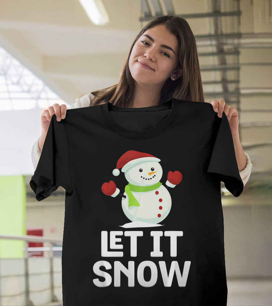 Let It Snow Snowman with Santa Hat and Snowflakes T-Shirt
