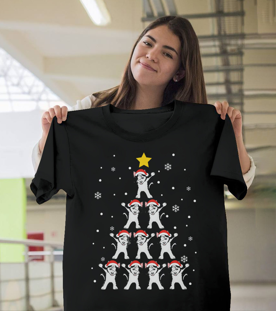 Dabbing Huskies Christmas Xmas Dab Santa Hat Snowflakes Tree Star T-Shirt