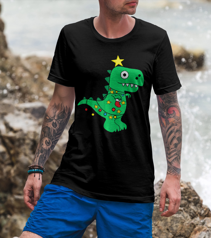 Christmas Dinosaur Rex With Star And Lights T-Shirt