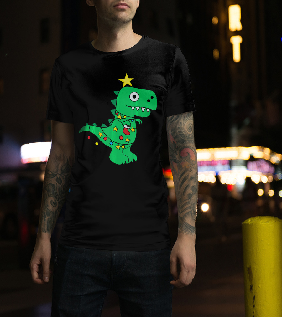 Christmas Dinosaur Rex With Star And Lights T-Shirt