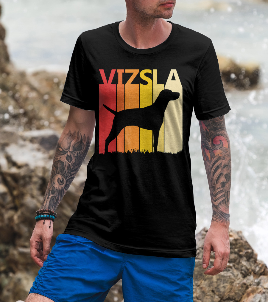 Retro Vizsla Dog Silhouette With Gradient Stripes T-Shirt