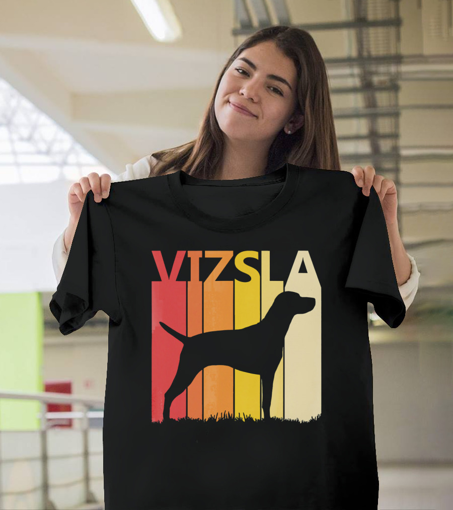 Retro Vizsla Dog Silhouette With Gradient Stripes T-Shirt
