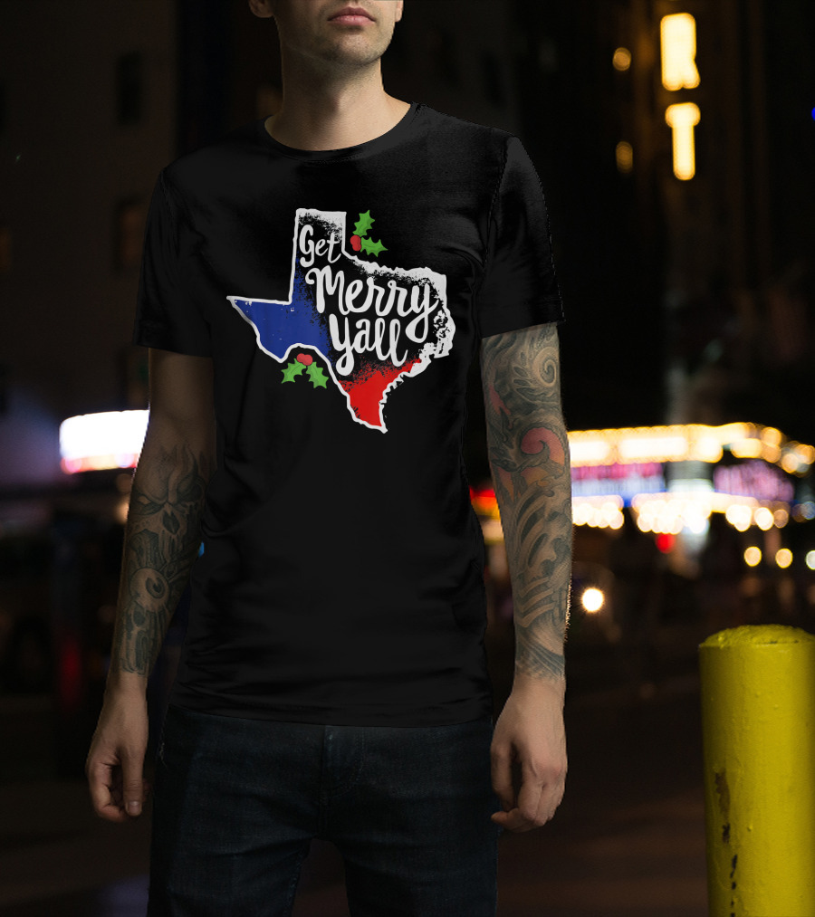 Get Merry Yall Texas State Outline Holly Berries Red White Blue T-Shirt