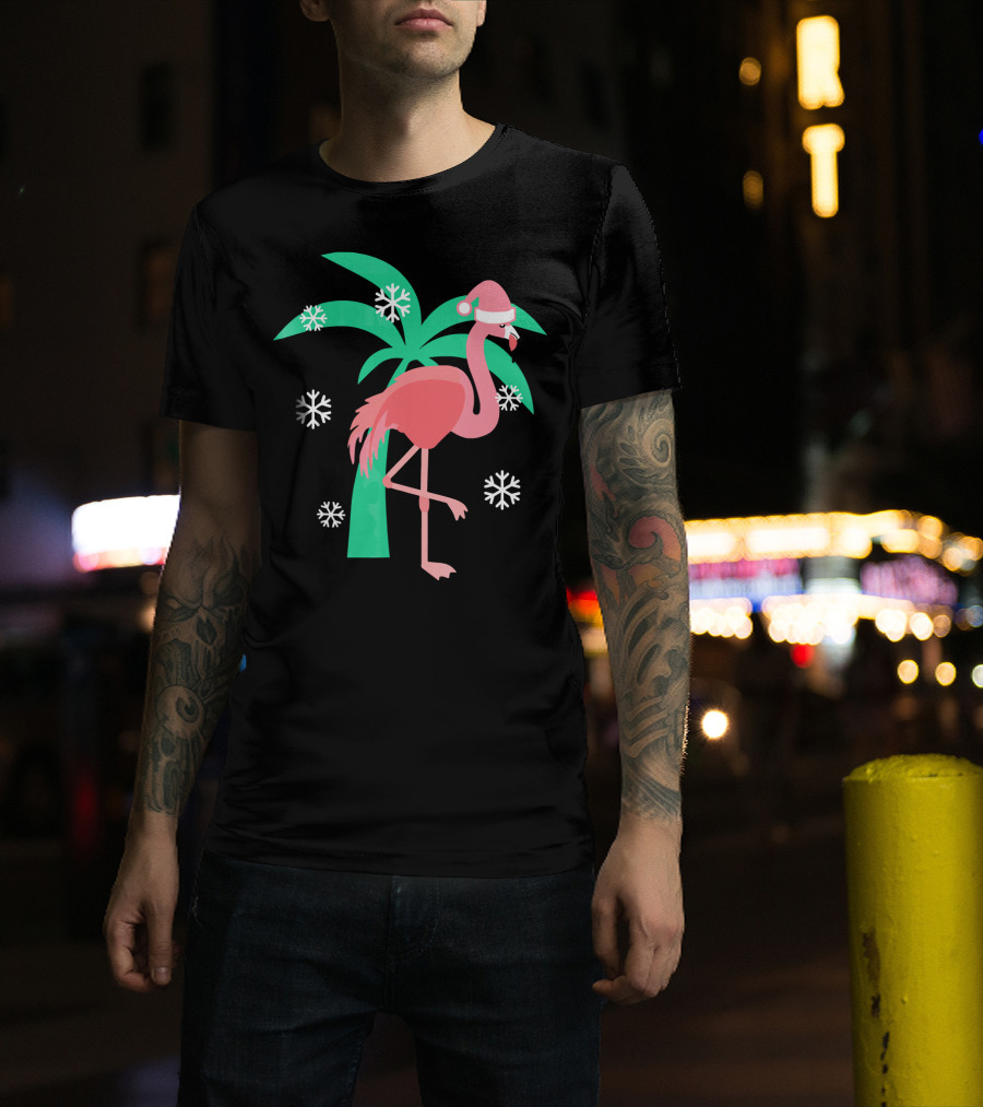 Pink Flamingo With Santa Hat And Palm Tree Snowflakes Christmas T-Shirt