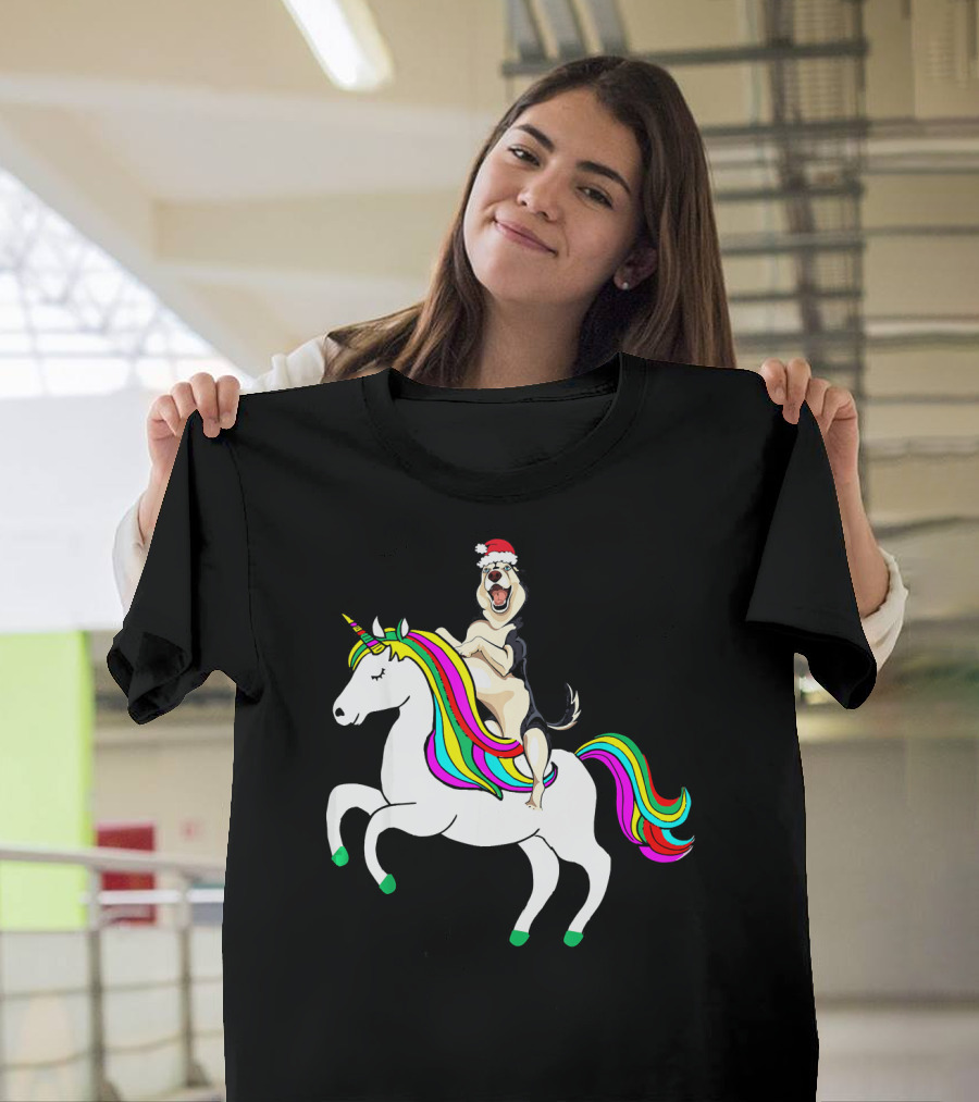 Pug Christmas Dog Riding Rainbow Unicorn T-Shirt
