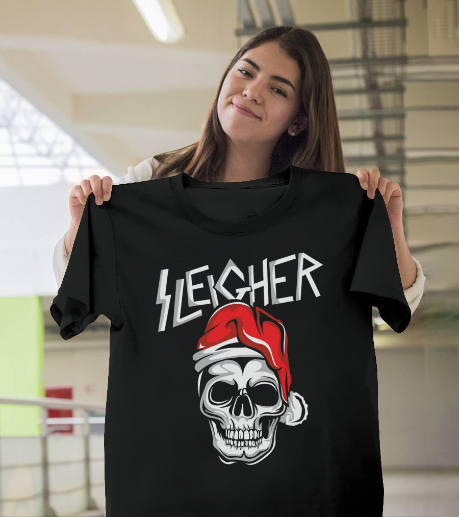 Sleigher Heavy Metal Music Skull With Santa Hat T-Shirt