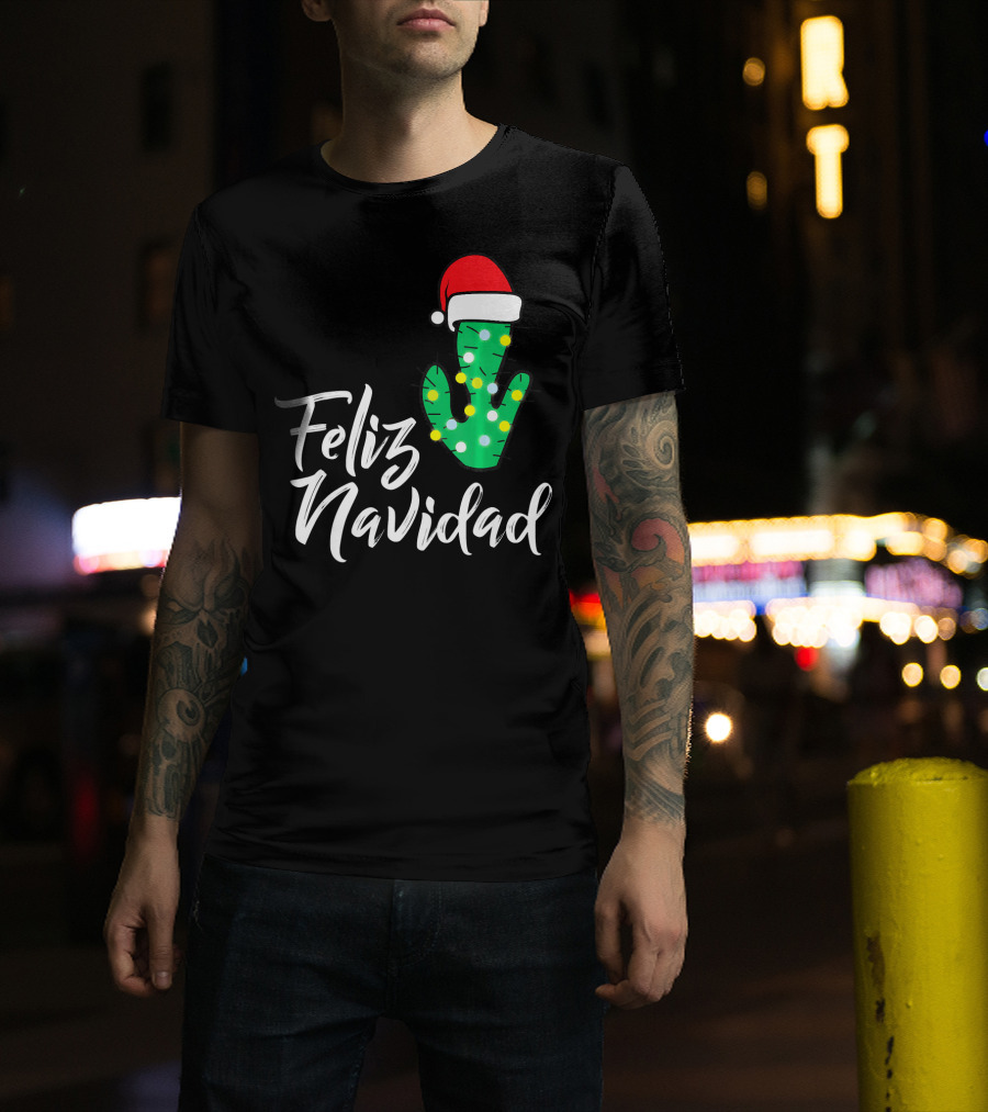 Feliz Navidad Cactus With Santa Hat And Christmas Lights T-Shirt
